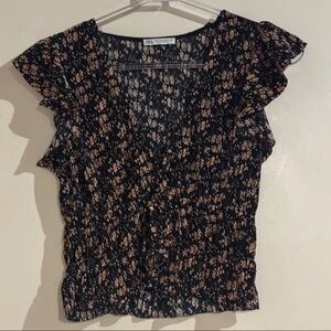 Zara Black and Pink Floral Blouse